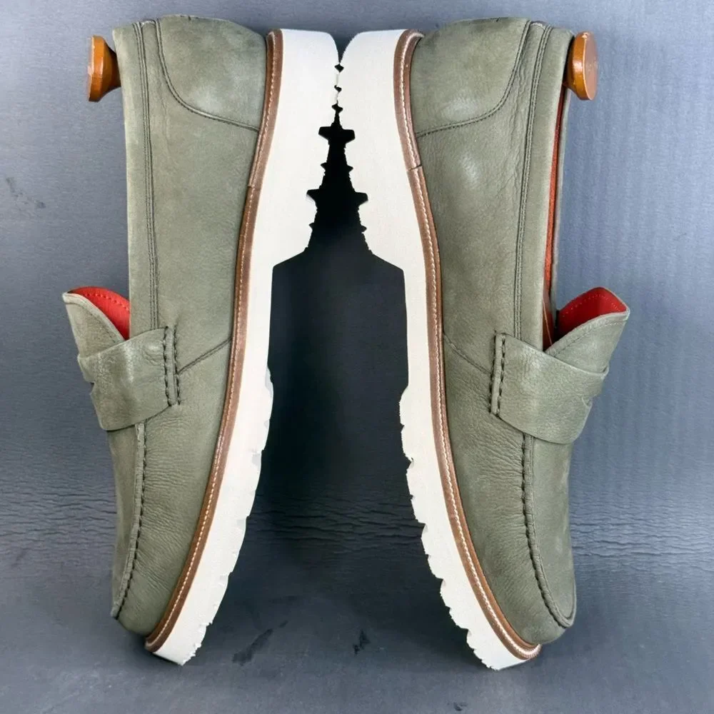 Cole Haan Olive Green Suede Penny Loafers with White Sole